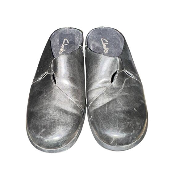 Clarks Clogs Women's Size 7.5 M Black Leather Slip On Shoes Mules Cutout Detail - Picture 1 of 8